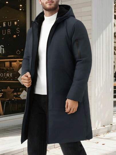 Manfinity Homme معطف كاجوال دافئ مبطن مزود بسحاب وقبعة، خريف/شتاء