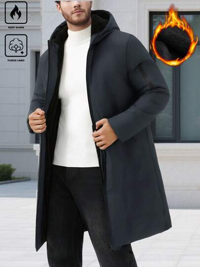 Manfinity Homme معطف كاجوال دافئ مبطن مزود بسحاب وقبعة، خريف/شتاء