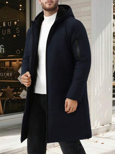 Manfinity Homme معطف طويل رجالي أحادي اللون بأكمام طويلة وقبعة، كاجوال بسيط، سترات رجالية، ملابس خارجية رجالية، ملابس شتوية رجالية