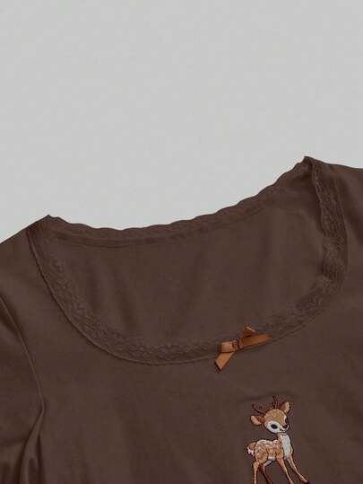 ROMWE J-Fashion قميص أنيق مطرز بالدانتيل بتصميم الغزلان مع بنطلون واسع مطبوع بنقشة الغزلان، خريف/شتاء