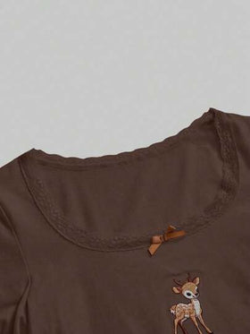 ROMWE J-Fashion قميص أنيق مطرز بالدانتيل بتصميم الغزلان مع بنطلون واسع مطبوع بنقشة الغزلان، خريف/شتاء