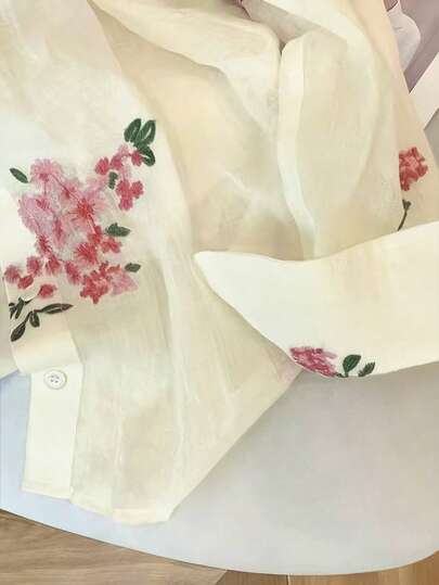 Airaco قميص نسائي كاجوال رومانسي مطرز بزهور أكمام طويلة بأزرار