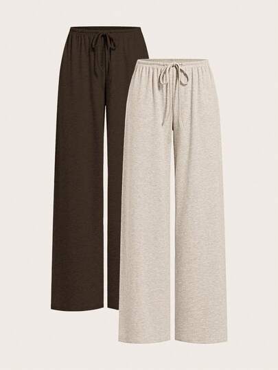 SHEIN EZwear بنطلون نسائي فضفاض بخصر مربوط بحبل، ساق واسعة، متاح بلونين