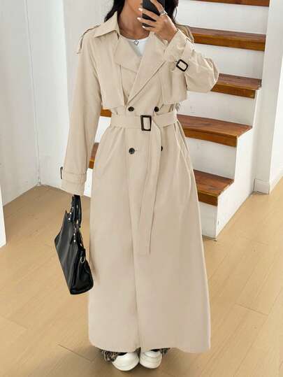 SHEIN EZwear معطف طويل كاجوال مصنوع من نسيج بلون المشمش للنساء