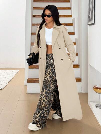 SHEIN EZwear معطف طويل كاجوال مصنوع من نسيج بلون المشمش للنساء