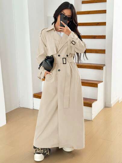 SHEIN EZwear معطف طويل كاجوال مصنوع من نسيج بلون المشمش للنساء