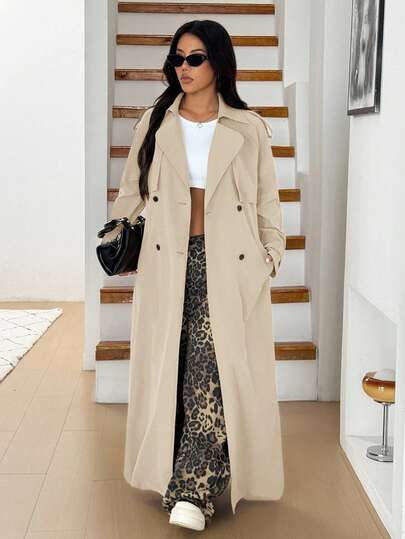 SHEIN EZwear معطف طويل كاجوال مصنوع من نسيج بلون المشمش للنساء