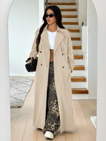 SHEIN EZwear معطف طويل كاجوال مصنوع من نسيج بلون المشمش للنساء