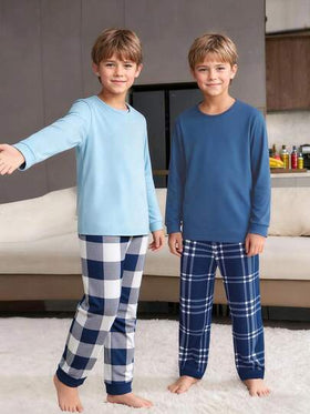 Genkimix Kids 4 قطع بيجامة أولاد، ملابس علوية بأكمام طويلة بأطراف متباينة واللباس السفلي بنمط مربعات، تصميم مريح ومطاطي وقابل للغسل في الغسالة، تصميم بسيط للتناسق السهل (يباع كل مجموعتين بشكل منفصل)