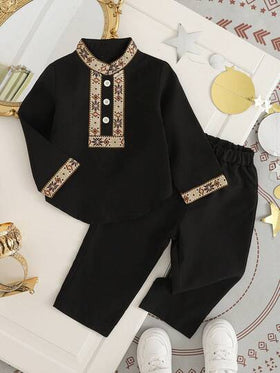 رمضان طقم بنطلون ولباس علوي طويلة الأكمام مطرزة بطراز تقليدي للأطفال الصبية