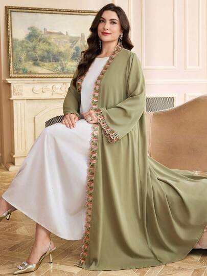 Veilorie رمضان عباية أنيقة بتصميم لوحات ملونة مع شريط أمامي مفتوح للنساء كبيرات الحجم، موسم الخريف