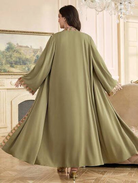Veilorie رمضان عباية أنيقة بتصميم لوحات ملونة مع شريط أمامي مفتوح للنساء كبيرات الحجم، موسم الخريف