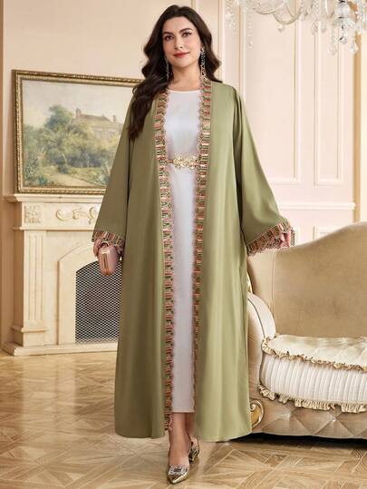 Veilorie رمضان عباية أنيقة بتصميم لوحات ملونة مع شريط أمامي مفتوح للنساء كبيرات الحجم، موسم الخريف
