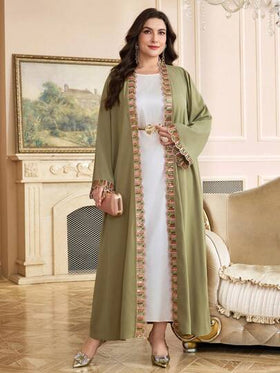 Veilorie رمضان عباية أنيقة بتصميم لوحات ملونة مع شريط أمامي مفتوح للنساء كبيرات الحجم، موسم الخريف