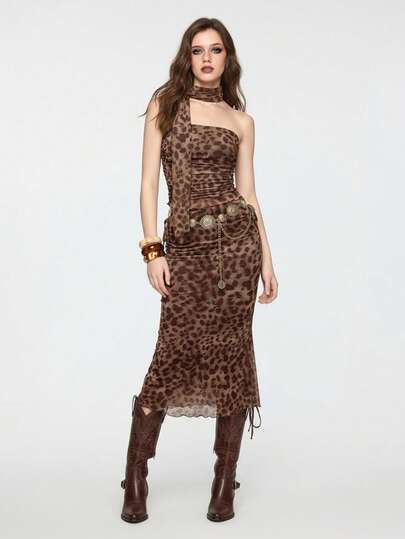 ROMWE J-Fashion تنورة أزياء فراشية ذات طبعة نمر للنساء