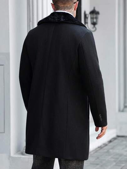 Manfinity Mode معطف رجالي بحجم كبير بلون أحادي مع جيب وأزرار أمامية، بأكمام طويلة، معطف رجالي أسود للخريف، معطف رجالي شتوي بياقة من الفرو، معطف أسود طويل