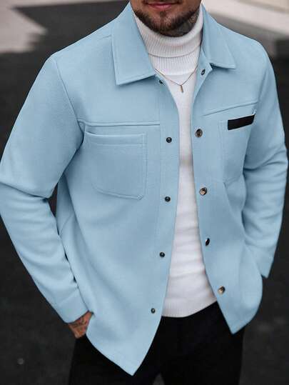 Manfinity CasualCool معطف كاجوال أحادي اللون للرجال، مناسب للخريف والشتاء، معطف أزرق سماوي بأزرار