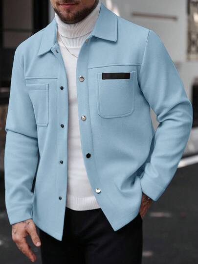 Manfinity CasualCool معطف كاجوال أحادي اللون للرجال، مناسب للخريف والشتاء، معطف أزرق سماوي بأزرار