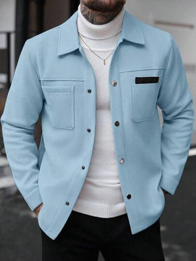 Manfinity CasualCool معطف كاجوال أحادي اللون للرجال، مناسب للخريف والشتاء، معطف أزرق سماوي بأزرار