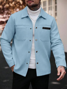 Manfinity CasualCool معطف كاجوال أحادي اللون للرجال، مناسب للخريف والشتاء، معطف أزرق سماوي بأزرار
