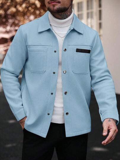 Manfinity CasualCool معطف كاجوال أحادي اللون للرجال، مناسب للخريف والشتاء، معطف أزرق سماوي بأزرار