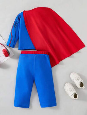 SHEIN Perso Play طقم قميص بأكمام طويلة وبنطال مع رداء بطبعة الميكا الكرتونية للأولاد الرضع، مناسب للحفلات والتنكر والعطلات في فصل الخريف والشتاء، ملابس أطفال من عمر 12 شهر، ملابس تنكرية لتلبيس الأطفال وألعاب الأبطال الخارقين