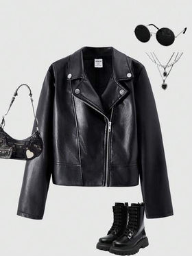 SHEIN ChillGRL جاكيت بناتية كاجوال للمراهقات، جاكيت جلد صناعي بسحاب وياقة، أكمام طويلة، لون أحادي، مناسبة للاستخدام اليومي والحفلات والرحلات في جميع المواسم