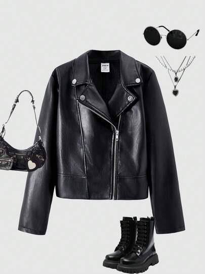 SHEIN ChillGRL جاكيت بناتية كاجوال للمراهقات، جاكيت جلد صناعي بسحاب وياقة، أكمام طويلة، لون أحادي، مناسبة للاستخدام اليومي والحفلات والرحلات في جميع المواسم