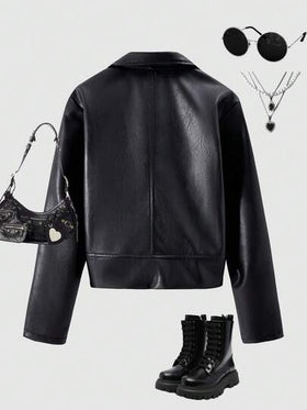 SHEIN ChillGRL جاكيت بناتية كاجوال للمراهقات، جاكيت جلد صناعي بسحاب وياقة، أكمام طويلة، لون أحادي، مناسبة للاستخدام اليومي والحفلات والرحلات في جميع المواسم