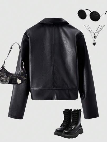 SHEIN ChillGRL جاكيت بناتية كاجوال للمراهقات، جاكيت جلد صناعي بسحاب وياقة، أكمام طويلة، لون أحادي، مناسبة للاستخدام اليومي والحفلات والرحلات في جميع المواسم