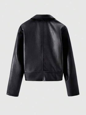 SHEIN ChillGRL جاكيت بناتية كاجوال للمراهقات، جاكيت جلد صناعي بسحاب وياقة، أكمام طويلة، لون أحادي، مناسبة للاستخدام اليومي والحفلات والرحلات في جميع المواسم