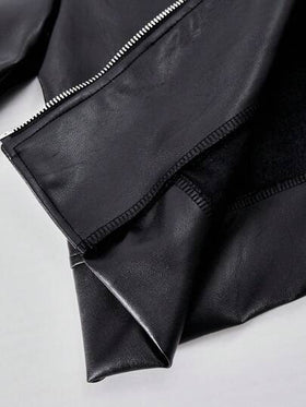 SHEIN ChillGRL جاكيت بناتية كاجوال للمراهقات، جاكيت جلد صناعي بسحاب وياقة، أكمام طويلة، لون أحادي، مناسبة للاستخدام اليومي والحفلات والرحلات في جميع المواسم