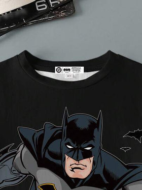 BATMAN X SHEIN تي شيرت أسود بأكمام قصيرة مع رسوم كرتونية بطل الشارع للأولاد المراهقين، صيفي