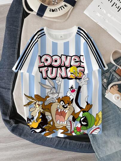 LOONEY TUNES X SHEIN تي شيرت قصير الأكمام مخطط بطبعات حرفية وكرتونية للأولاد المراهقين في الصيف