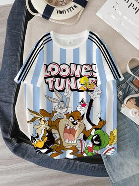 LOONEY TUNES X SHEIN تي شيرت قصير الأكمام مخطط بطبعات حرفية وكرتونية للأولاد المراهقين في الصيف