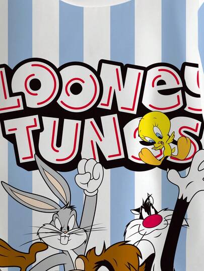 LOONEY TUNES X SHEIN تي شيرت قصير الأكمام مخطط بطبعات حرفية وكرتونية للأولاد المراهقين في الصيف