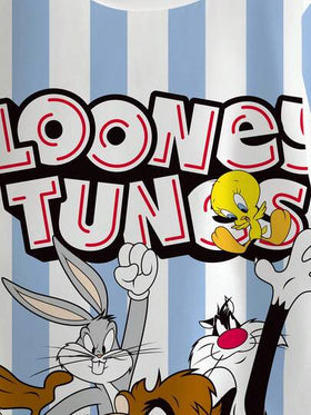 LOONEY TUNES X SHEIN تي شيرت قصير الأكمام مخطط بطبعات حرفية وكرتونية للأولاد المراهقين في الصيف