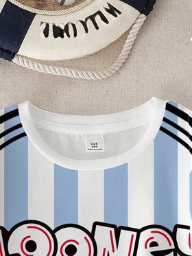 LOONEY TUNES X SHEIN تي شيرت قصير الأكمام مخطط بطبعات حرفية وكرتونية للأولاد المراهقين في الصيف