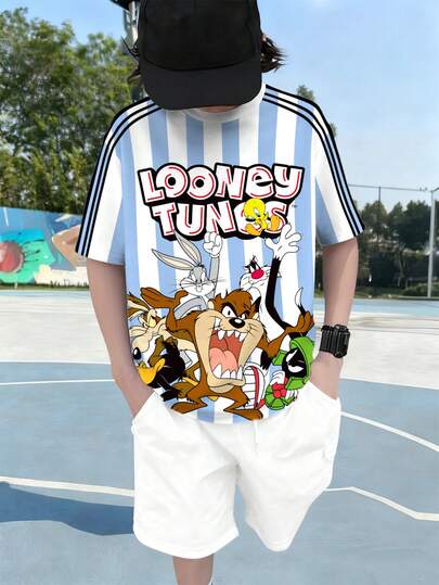 LOONEY TUNES X SHEIN تي شيرت قصير الأكمام مخطط بطبعات حرفية وكرتونية للأولاد المراهقين في الصيف