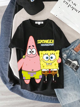 SpongeBob SquarePants | SHEIN قميص كارتون قصير الأكمام كاجوال مناسب للمراهقين للصيف
