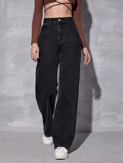 SHEIN EZwear بنطلون جينز خصر عالي ساق عريضة
