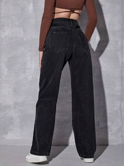 SHEIN EZwear بنطلون جينز خصر عالي ساق عريضة