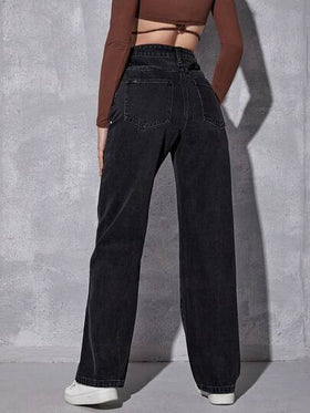 SHEIN EZwear بنطلون جينز خصر عالي ساق عريضة