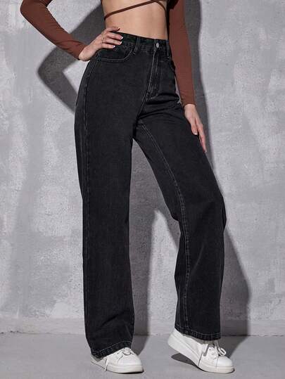 SHEIN EZwear بنطلون جينز خصر عالي ساق عريضة