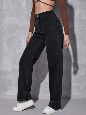 SHEIN EZwear بنطلون جينز خصر عالي ساق عريضة