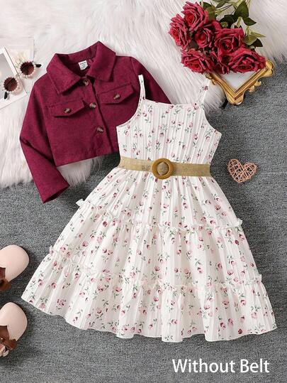 SHEIN Elladie kids مجموعة من 2 قطعة: بليزر أنيق بياقة طويلة الأكمام وفستان زلق بطبعة زهرية بخصر مطاطي، طقم كاجوال للارتداء اليومي والأعياد، للربيع والخريف