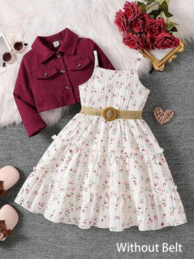 SHEIN Elladie kids مجموعة من 2 قطعة: بليزر أنيق بياقة طويلة الأكمام وفستان زلق بطبعة زهرية بخصر مطاطي، طقم كاجوال للارتداء اليومي والأعياد، للربيع والخريف