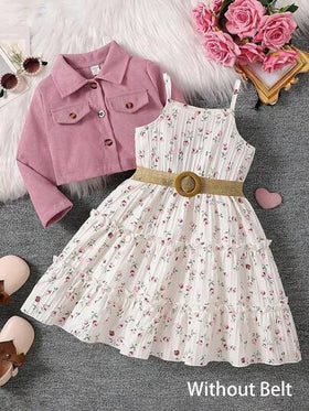 SHEIN Genkimix Kids مجموعة من 2 قطعة: بليزر أنيق بياقة طويلة الأكمام وفستان زلق بطبعة زهرية بخصر مطاطي، طقم كاجوال للارتداء اليومي والعطلات، للربيع والخريف