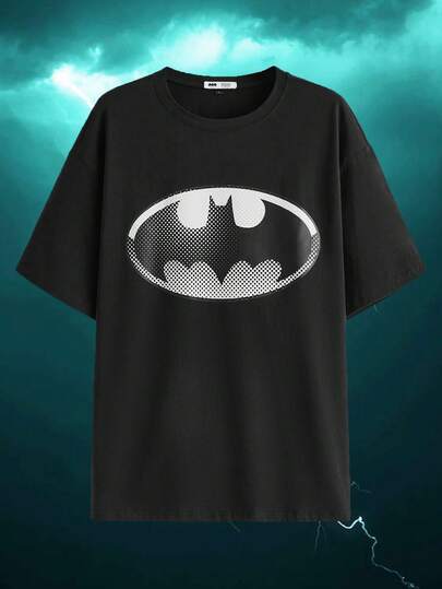 BATMAN X SHEIN تيشيرت كاجوال فضفاض بشعار الخفاش بياقة منسدلة مناسب للصيف الجنسين