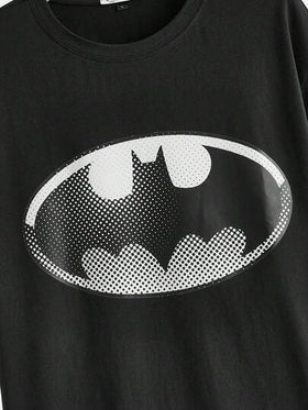 BATMAN X SHEIN تيشيرت كاجوال فضفاض بشعار الخفاش بياقة منسدلة مناسب للصيف الجنسين